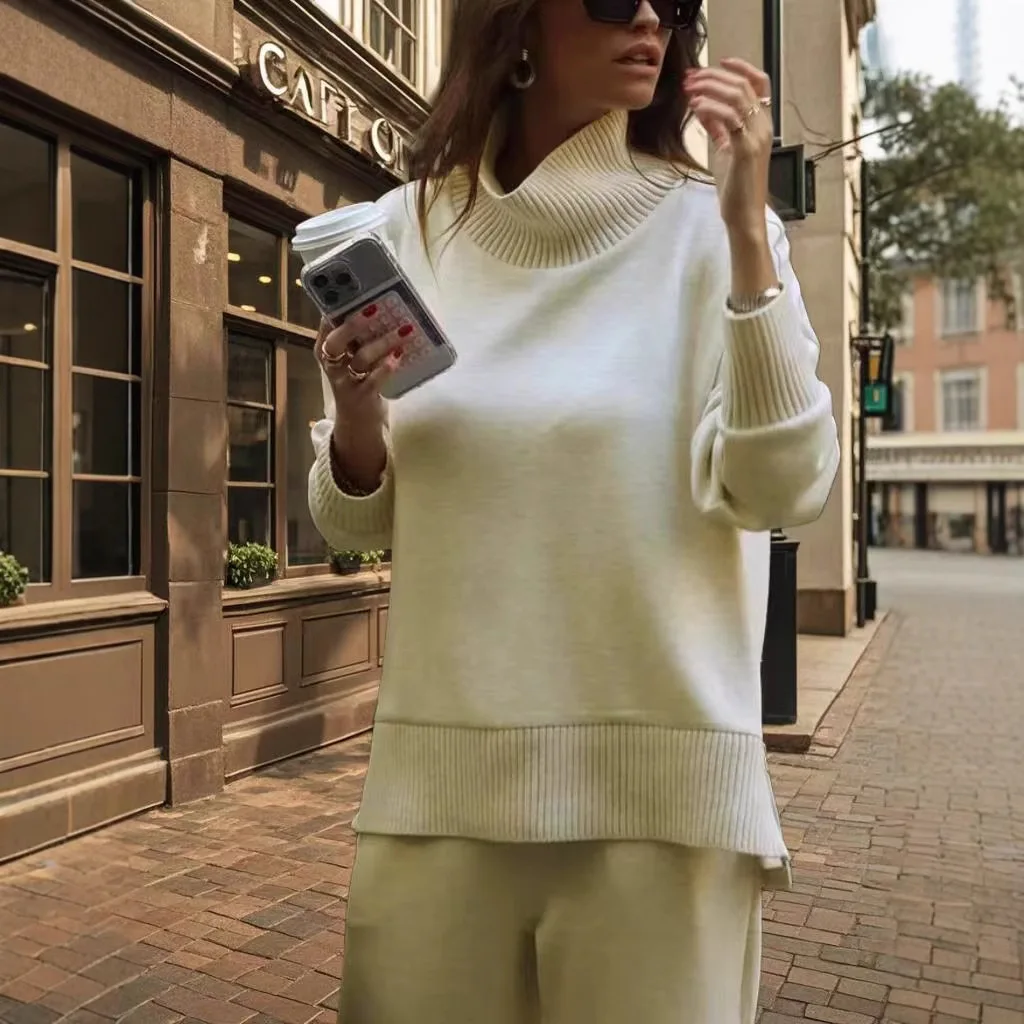 Women's Autumn Winter Knitted 2 Piece Set Casual Simple Solid Long Sleeve Turtleneck Zipper Pullover Top Trousers Pants Sets