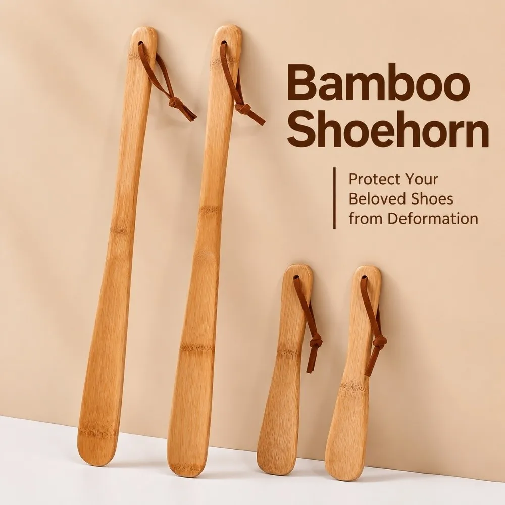 Natural Short Long Handle Bamboo Shoe Horn Bamboo Hanging Rope Shoe Lifter Helper Smooth No-Bend Shoe Helper For Pregnant Women
