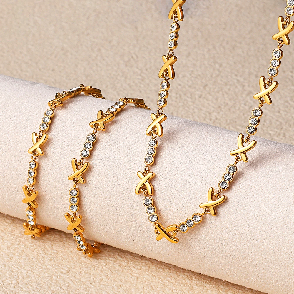 Luxury Cubic Zirconia Love Island Necklace Stainless Steel XO Choker 18k Gold Plated Necklaces Friendship Gift for Women Girl