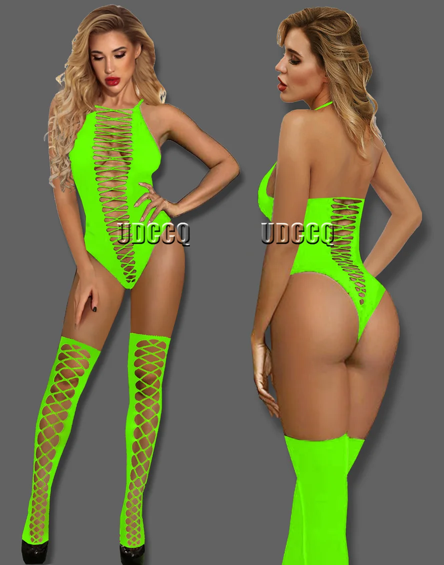 HOT Sexy Lingerie Babydoll perforate Underwear Translucent nightgown shoulder Teddies Nightgown Costumes dress Fluorescent green