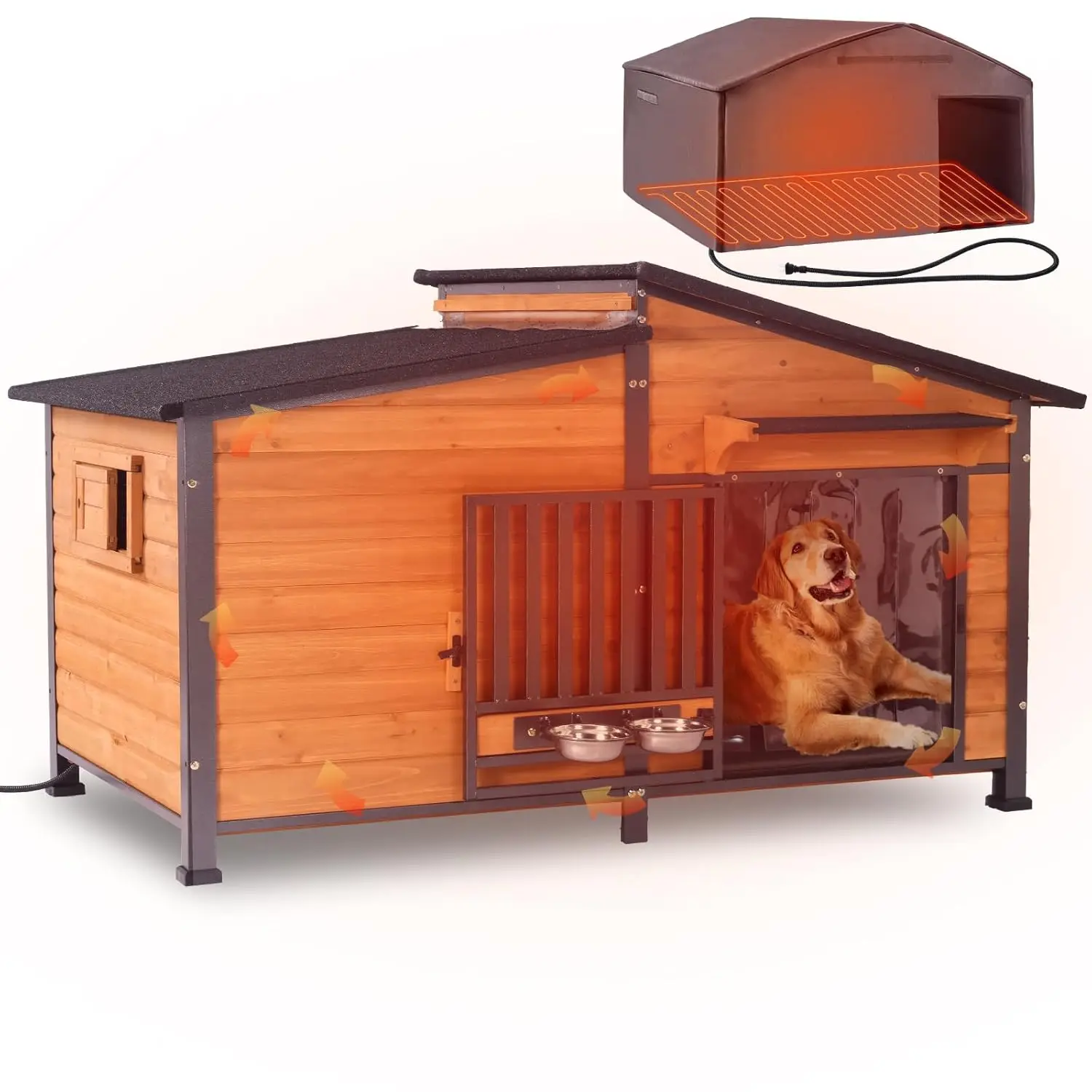 

Extra Large Heated Insulated Dog House Weatherproof Kennel Safe Heating Pad Chew-Proof Metal Frame Spill-Proof Bowl , Custom