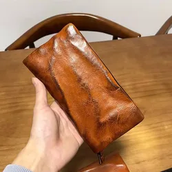 AETOO  Leather long men's wallet Vintage plant tanned top layer cowhide clutch bag Korean zippered money clip Soft leather mobil