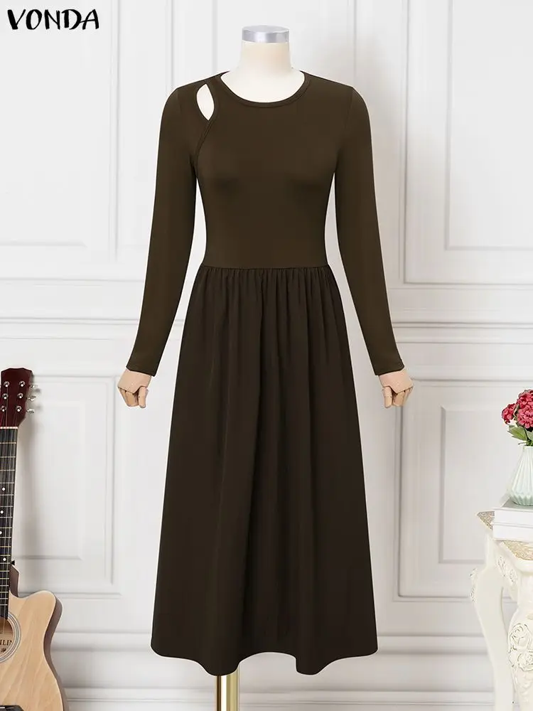 Fashion Vestisos VONDA Elegant Women Office Lady Long Dresses Autumn Long Sleeve Hollow Out Sexy 2025 Solid Patchwork Midi Robe