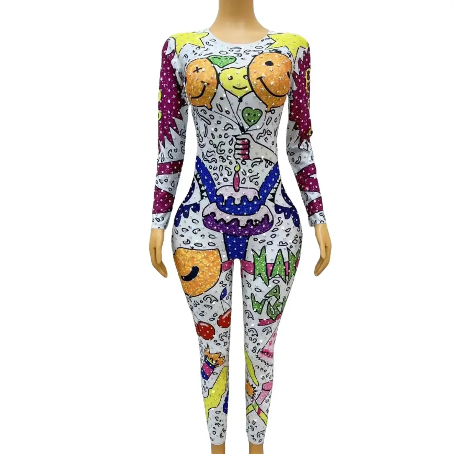 

Dance Stage Jumpsuit Fashion Women Sexy Colorful Balloon Cartoon Stretch Birthday Party Shiny Rhinestones Performance Bodysuits