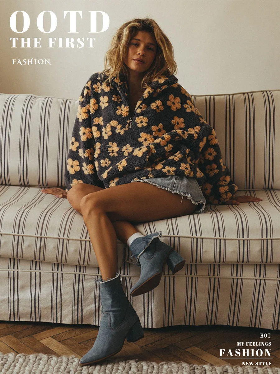 

Women's Floral Print Clothing Half-zip Oversized Wool Sweatshirt Loose Autumn Winter Warm Long-sleeved Stand-up Collar Pullover