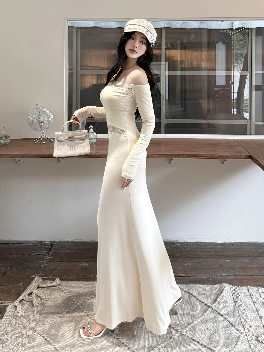 Elegant Asymmetrical Lace Beige Bodycon Dress Sexy One-shoulder High-end Evening Gown Autumn Women's Party Prom Vestidos Robe