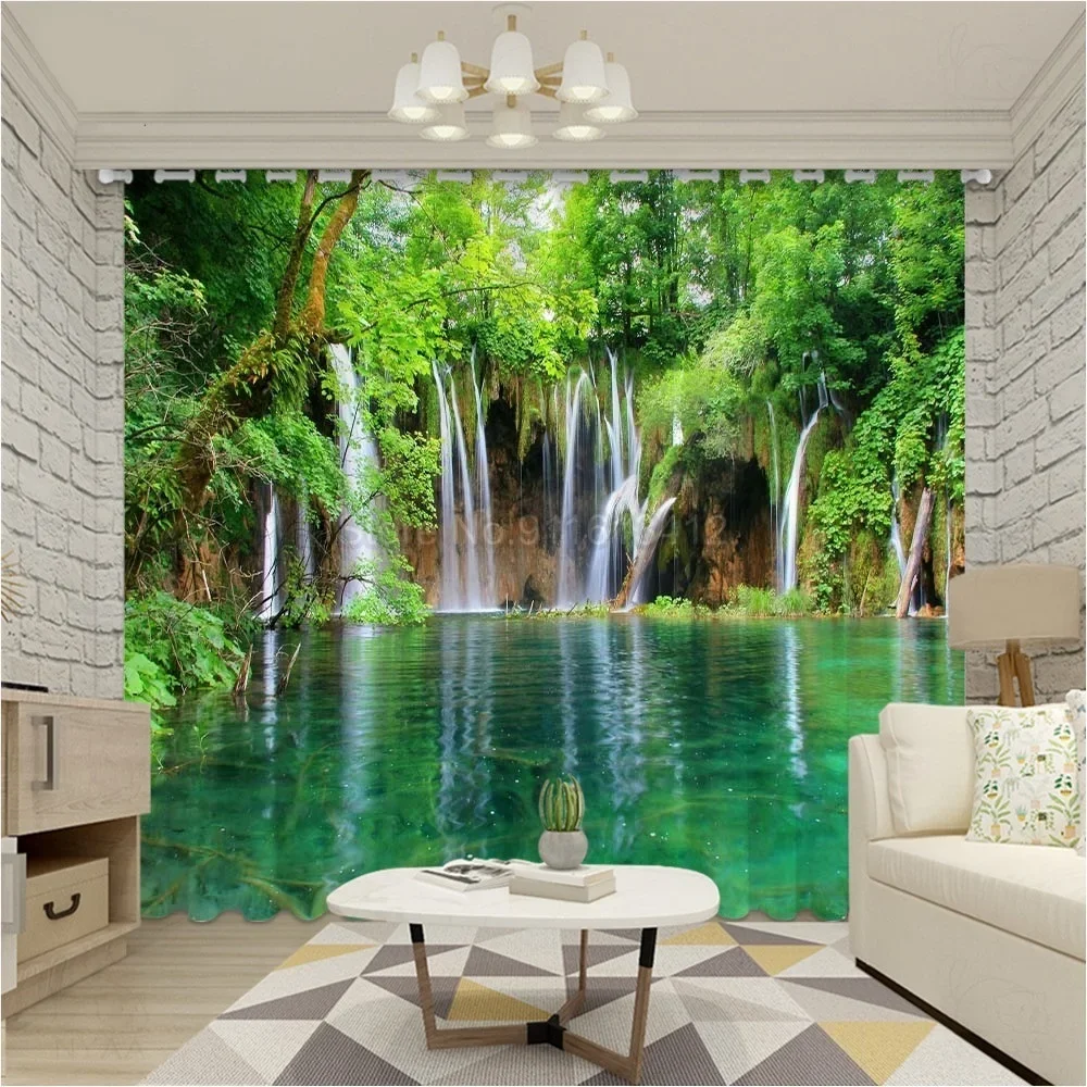 Landscape Curtain Cave Waterfall Living Room Bedroom Photo Blackout Curtains 3D Simple Green Window Drapes Light Shading