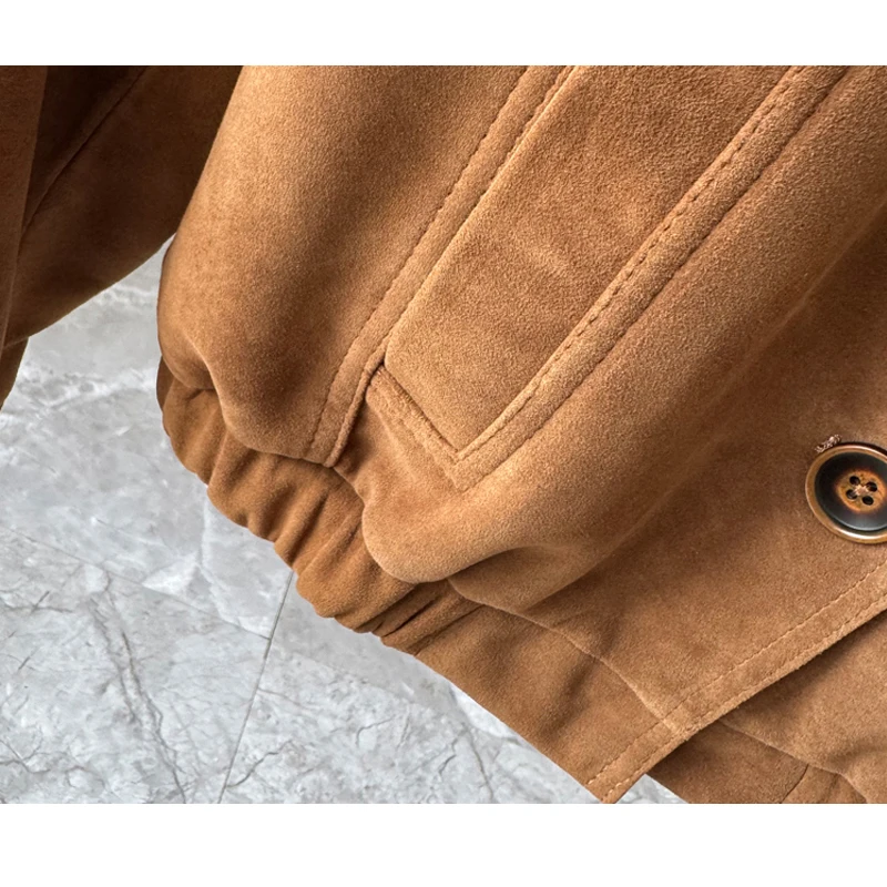 Cappotti da giacca in pelle di capra di livello A importati marrone retrò per donna 2025 Autunno Casual allentato corto per bambini in pelle scamosciata femminile in vera pelle