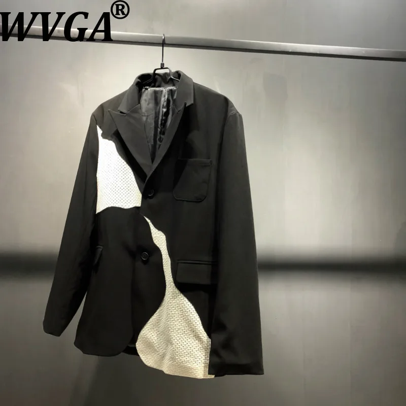 WVGA Spring Autumn New Men Tide Lace Patchwork Trendy Turn-Down Collar Suit Coat Niche Chic Casual Long Sleeve Blazer Ins W16151