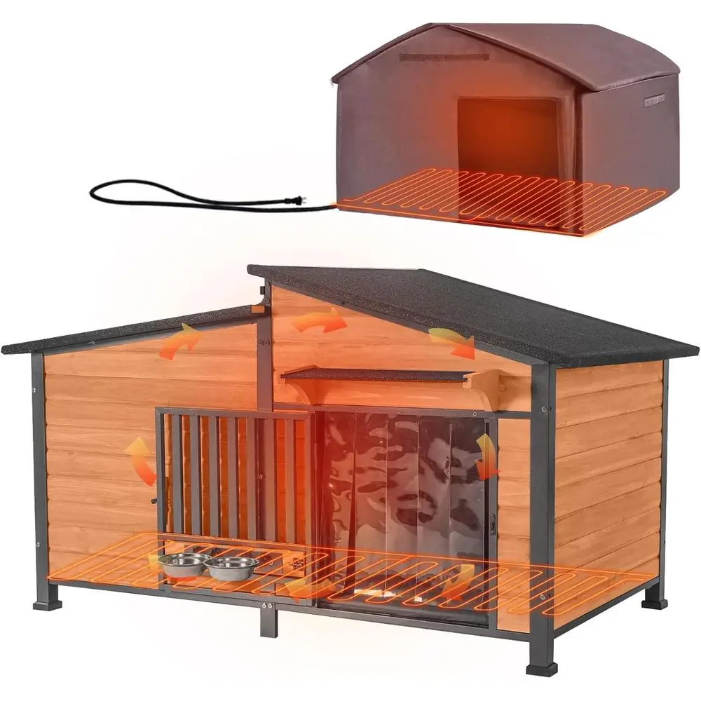 

Утепленный уличный домик для собак 60 дюймов с подогреваемой лежанкой, металлический, устойчивый к разгрызанию, с вращающейся миской для корма для крупных пород - Коричневый