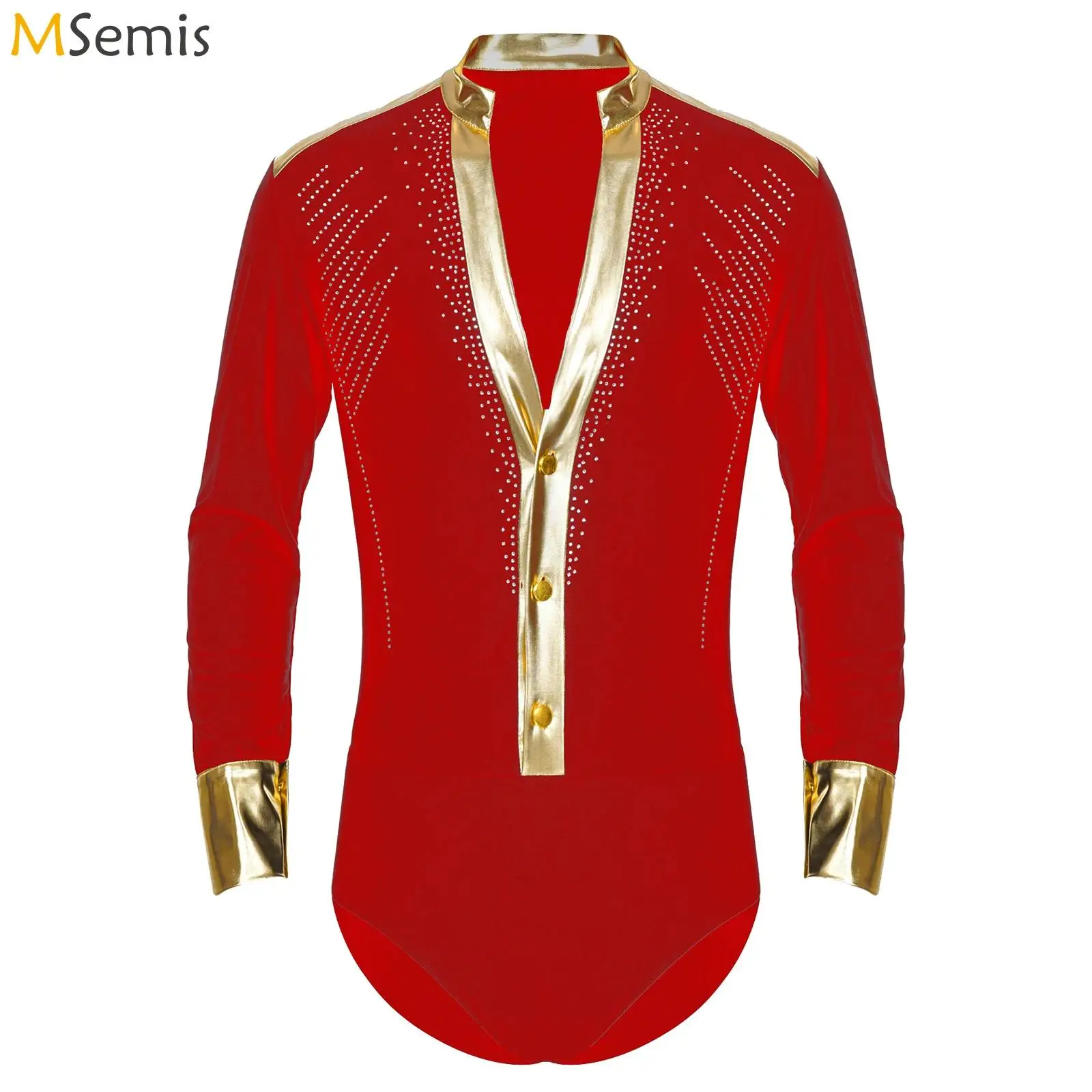 

Mens Metallic Shiny Rhinestones Latin Tuxedo Leotard Bodysuit Gymnastics Figure Skating Samba Ballroom Jazz Dance Body Tops