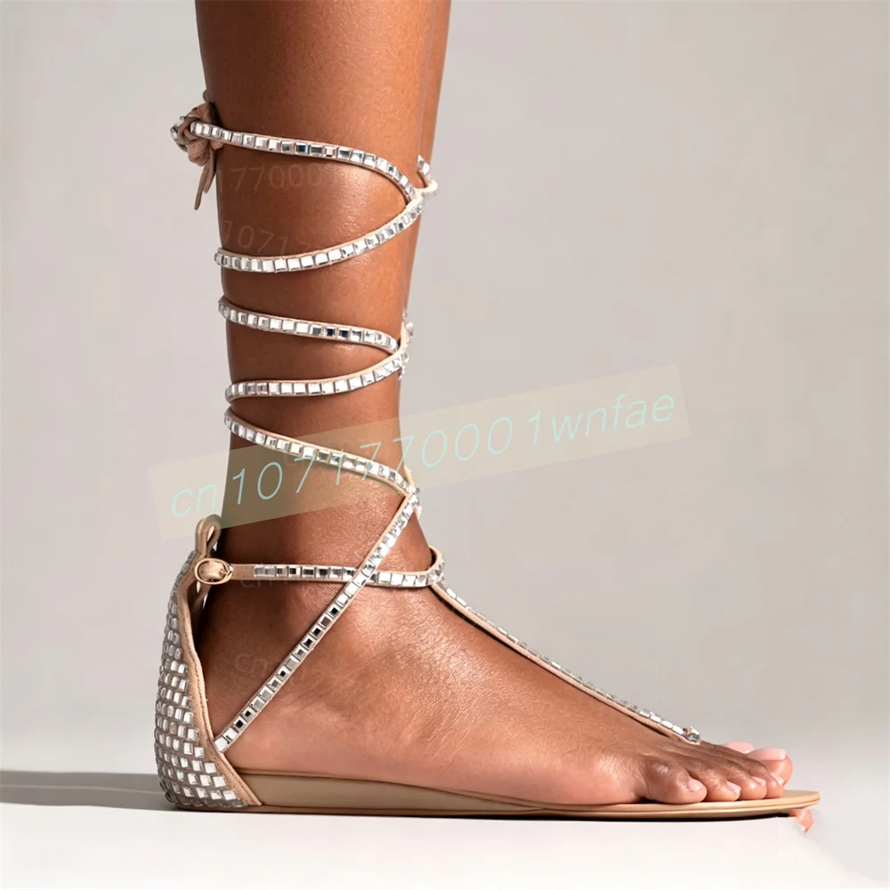 Women Flat Sandals Rhinestone Strappy Toe Loop Shoes Open Toe Ankle Strap Crystal Decor Summer Beach Holiday Party Fashion 46