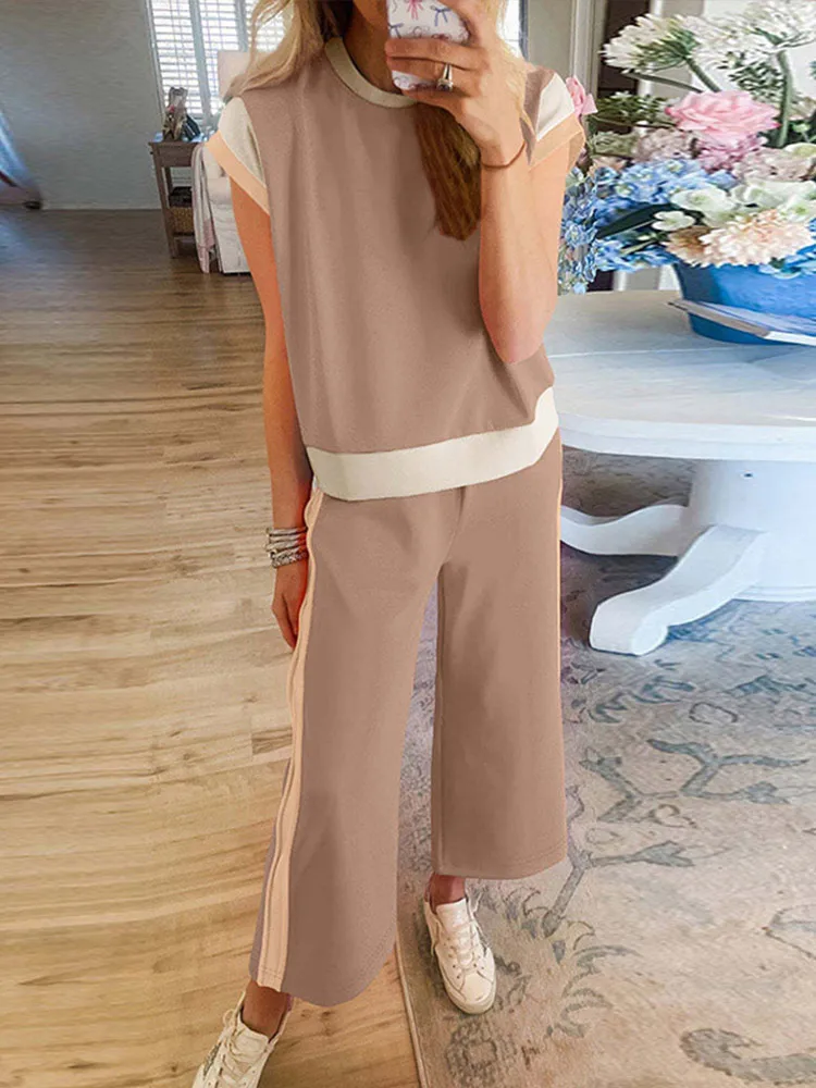 Women's 2 Piece Lounge Sets Casual Short Sleeve Pullover Tops Matching Wide Leg Pants Tracksuit Set Spring And Autumn Wholesale