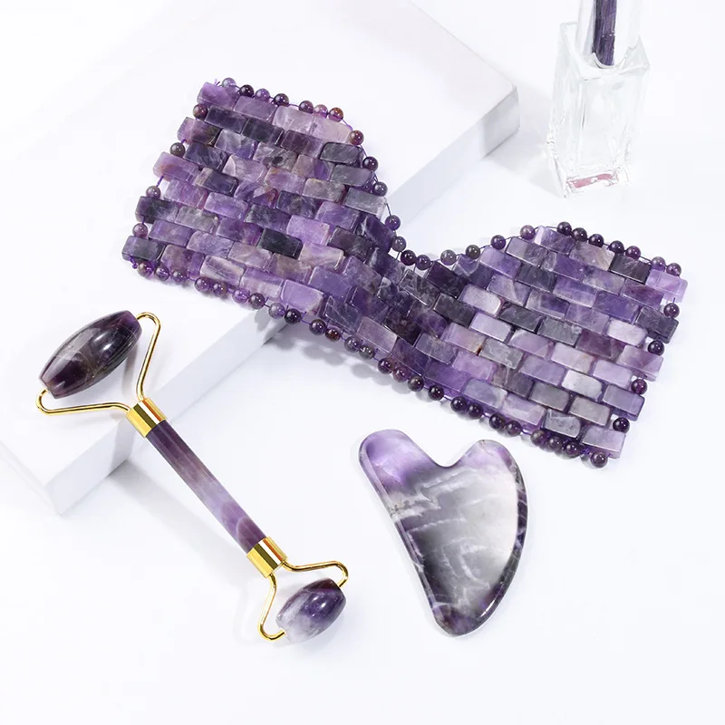 Amethyst Sleeping Eye Mask Natural Jade Roller Gua Sha Set Cold Therapy Massage Masks Facial Massager Stone Blindcover For Face