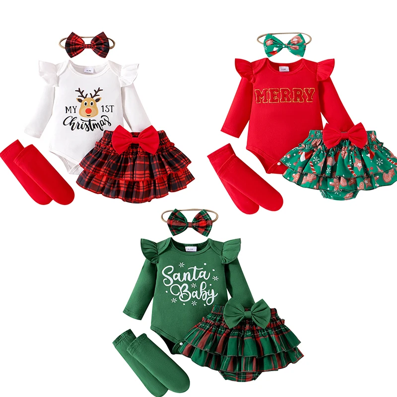 Christmas Clothing Baby Girl Outfit Letter Print Ruffle Long Sleeve Romper Plaid Layered Ruffle Shorts Headband Socks Costumes