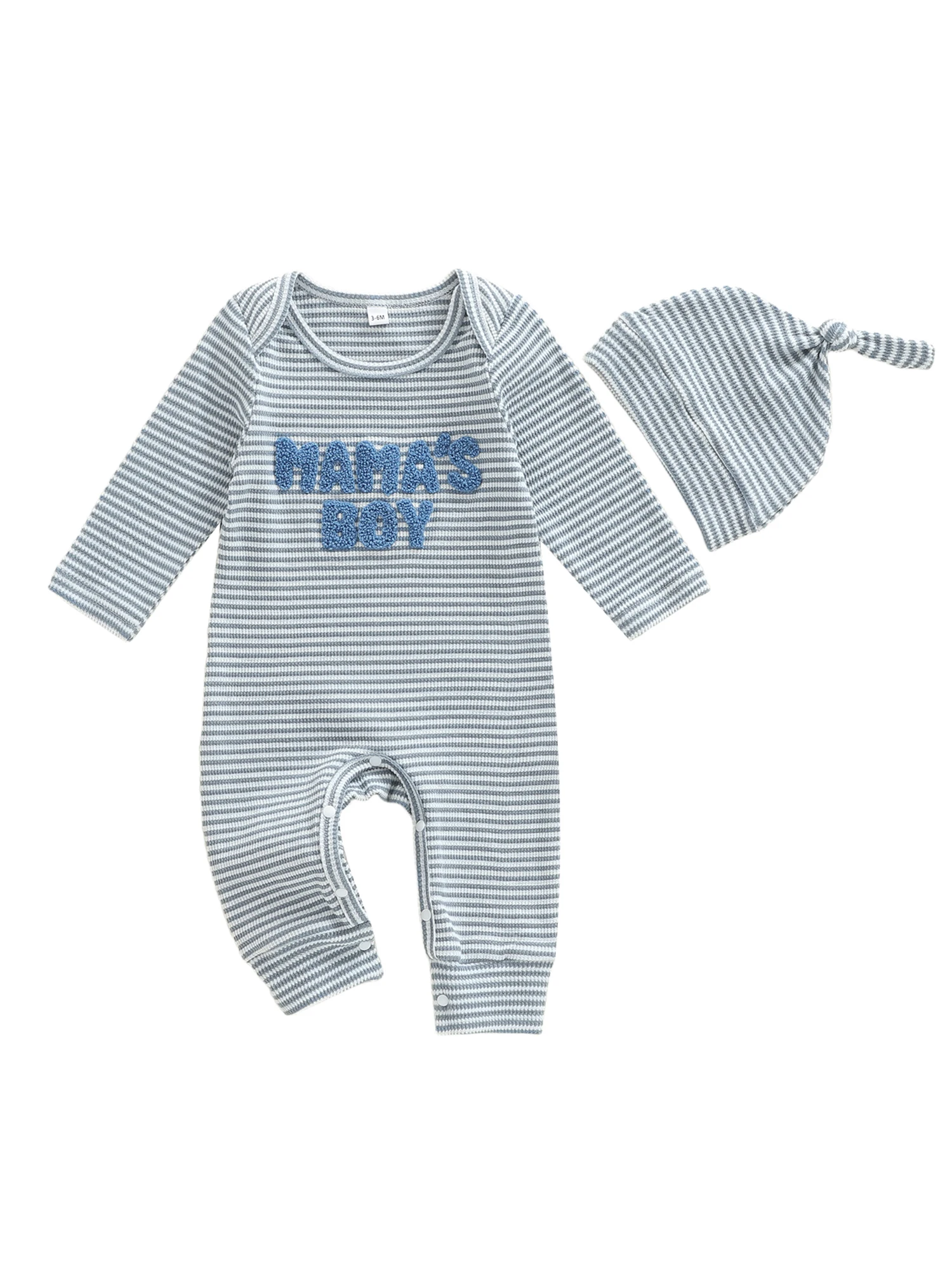 Bayi Laki-laki Musim Gugur Bergaris dengan Inisial Bordir Lengan Panjang Leher Bulat dan Topi yang Serasi untuk Tampilan yang Nyaman