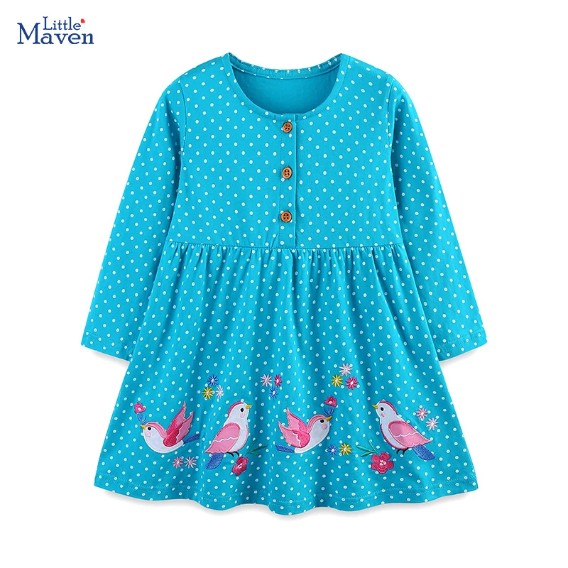 

Little maven Spring Autumn Baby Girls Dot Casual Dress Long Sleeves Kids Clothes Cotton Cartoon Bird Princess Dresses 2-7 year