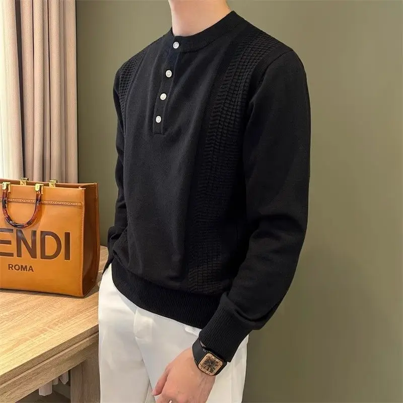 Autumn Winter Henley Collar Button Sweater Men's Casual Long Sleeve Knitted  Pullover Tops Office Gentleman Jacquard Base Jumper
