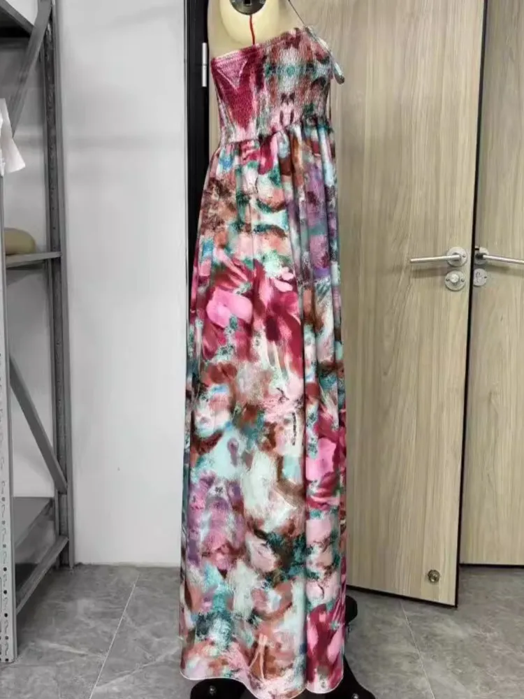 Summer Boho Printing Fashion Strapless Dress Women Beach Maxi Dress Floral Off Shoulder Sundress Strap High Waist Floral Dress