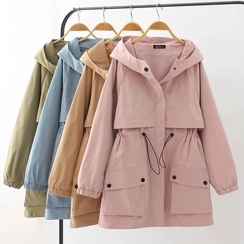 2023 New Spring Autumn Mid-length Khaki Women's Trench Coat Loose Hooded Drawstring Zipper Jacket Women Windbreakers Outcoat