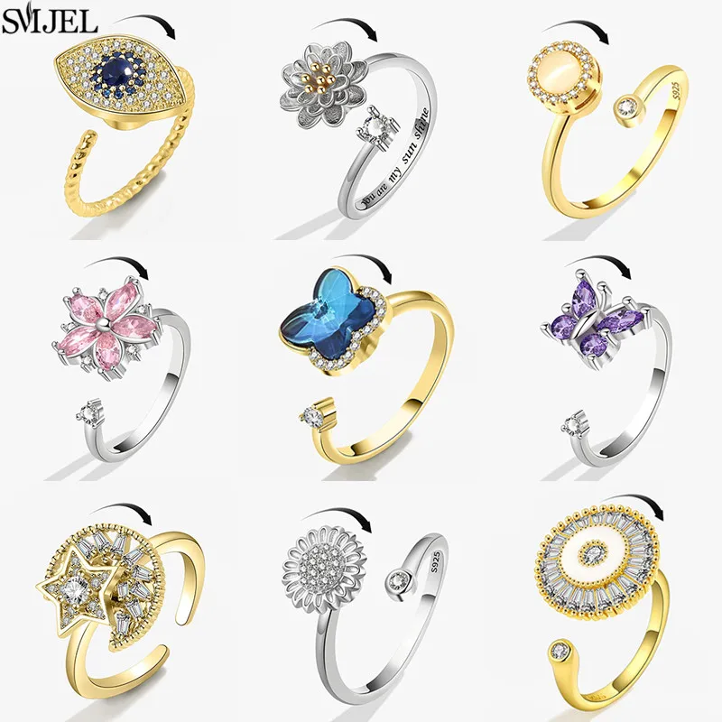 Bague anti-stress rotative papillon pour femme, motif tournesol, ajustable, avec étoile et lune