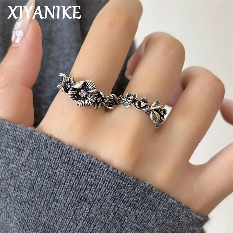 XIYANIKE Vintage Purple White Zircon Flower Adjustable Finger Rings For Women Girl Fashion New Year Jewelry Gift Party Anillos