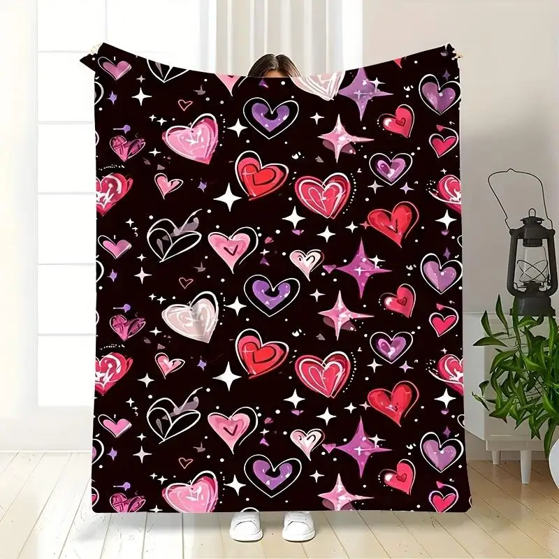 1pc Heavyweight  Flannel Blanket - Soft Pink PurpleRed Golden Heart & Star Print on Black, All-Season Warm Throw for Bed