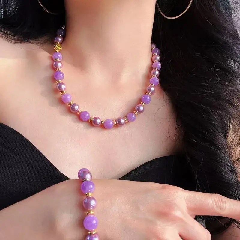 10mm Violet Jade Quartz Stone Pearl Necklace and Bracelet Set