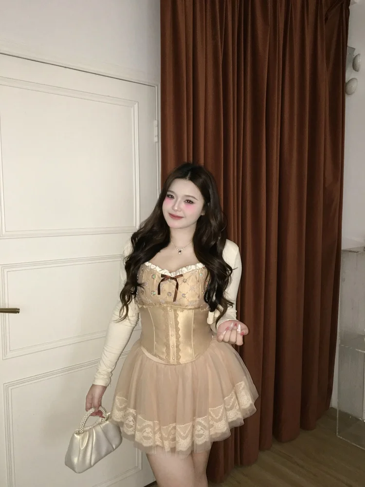

Sweet Ye Li Poem Pearl Fishbone Set High Waist plus Size Fashionable Two-Piece Suit for Plump Misses And Ladies