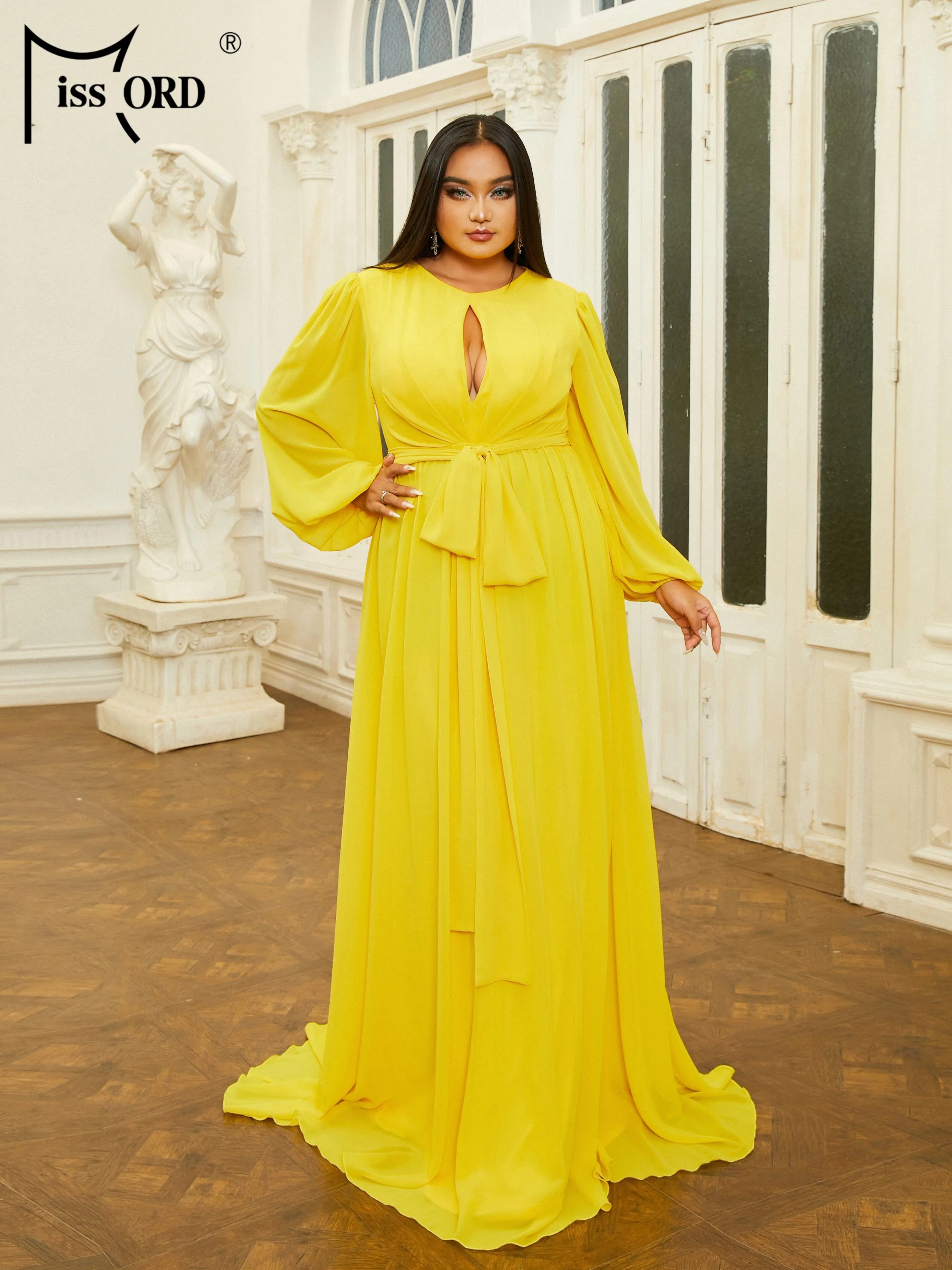 Missord New Plus Size Yellow Cutout girocollo manica lunga a-line Evening Prom Party abiti per occasioni formali