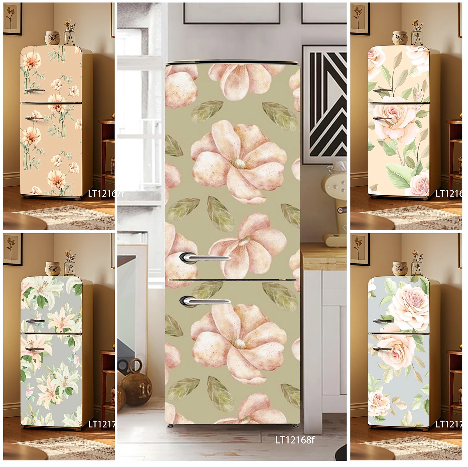 

Pastel Floral Refrigerator Decal, Removable Waterproof Oilproof Sticker for Fridge Beautification Kitchen Decor