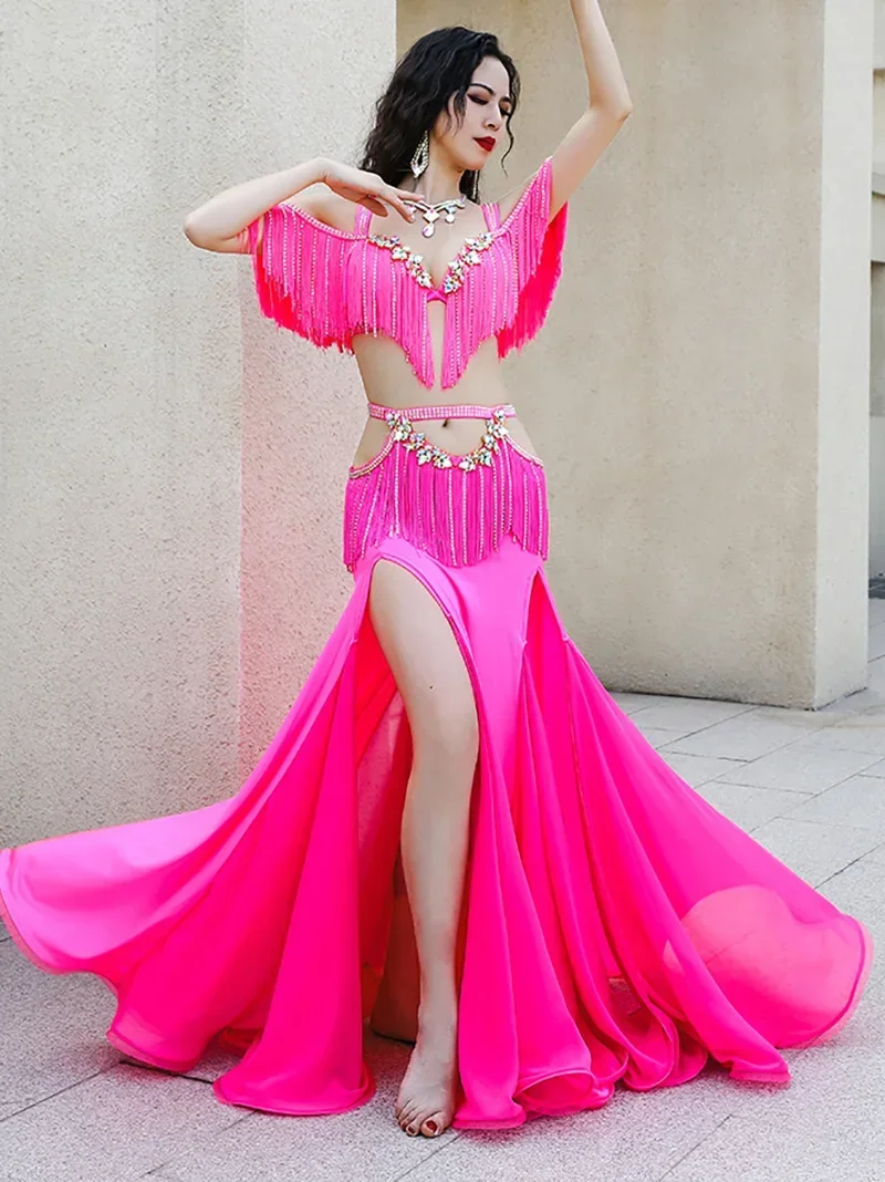 Tassel Split Dancewear Competition Stage Performance Costumes Women Adult Sequin Flash Drill Belly Dance Clothing Dynamic