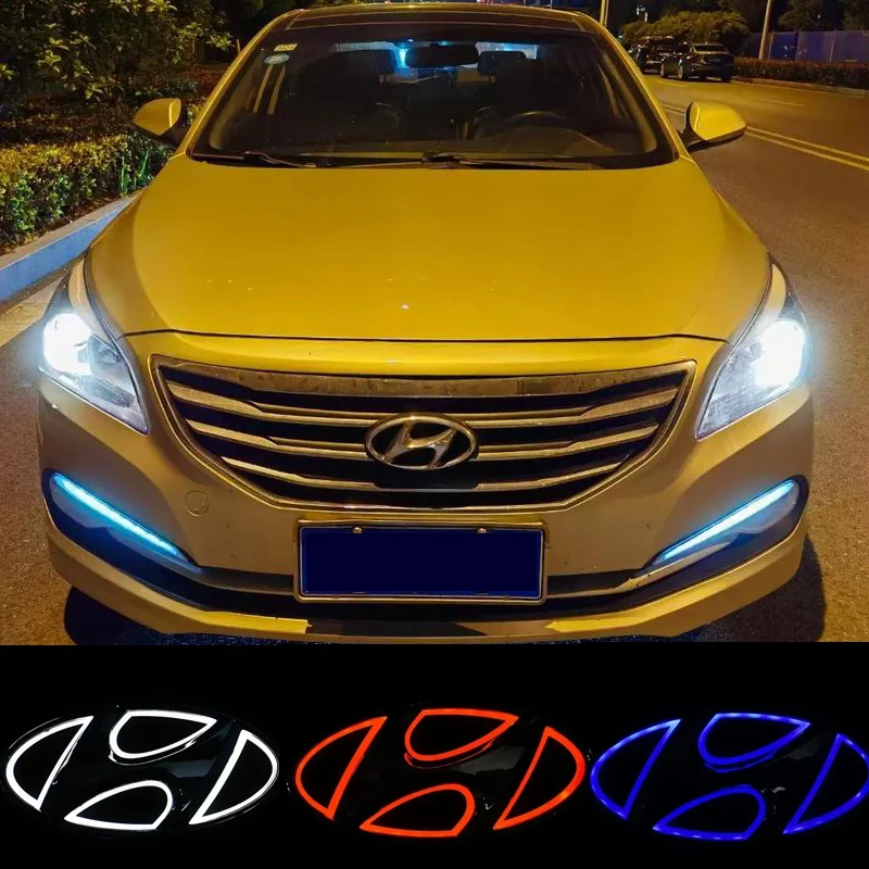 For Hyundai LED Light Up Car Emblem Badge Sticker Front & Rear Logo Decal For Tucson Elantra Kona Santafe Verna Veloster Accent