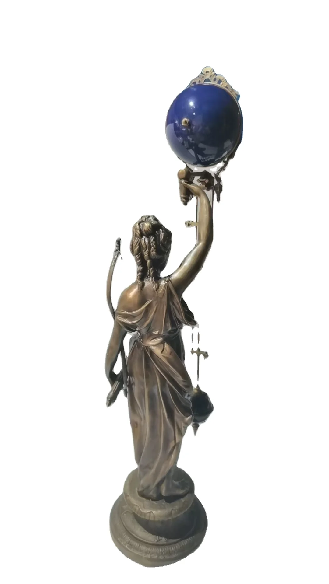 Mysterious Cobalt Blue Ball 8 Days Brass Huntress Statue Antique Bronze Brass Swing/Pendulum Mechanical Maneuvering