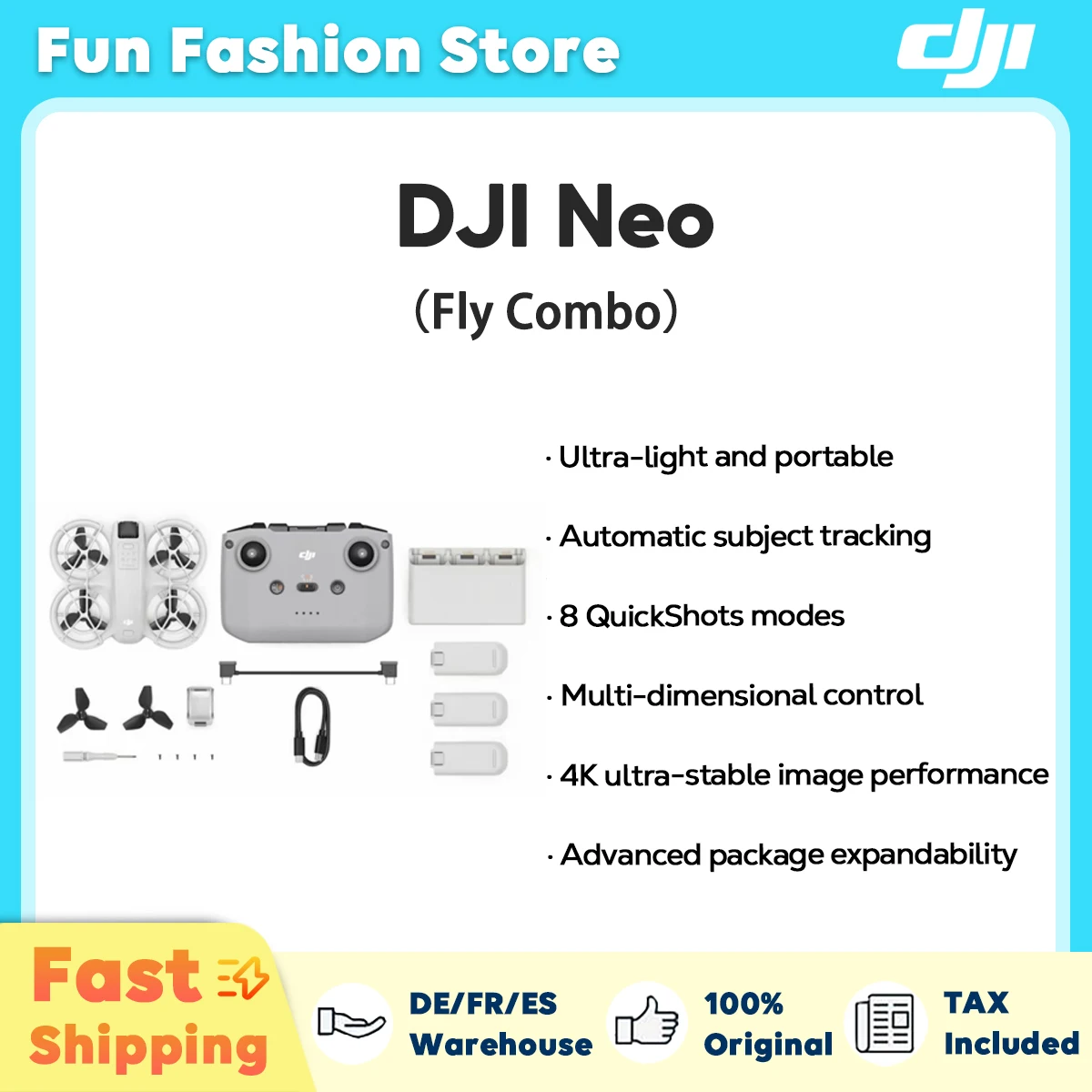 DJI Neo Combo Drone 4K Ultra-stabilisiertes Video FPV 135g Leichter und tragbarer Propellerschutz mit vollständiger Abdeckung Neues Original EU-Lager C0