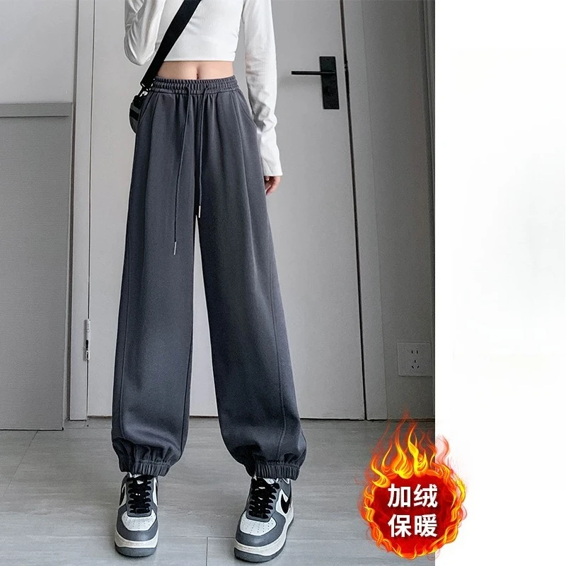 

Женские повседневные флисовые шаровары в рубчик, американские серые спортивные брюки с высокой талией, толстые теплые широкие брюки в стиле Харадзюку, большие размеры
