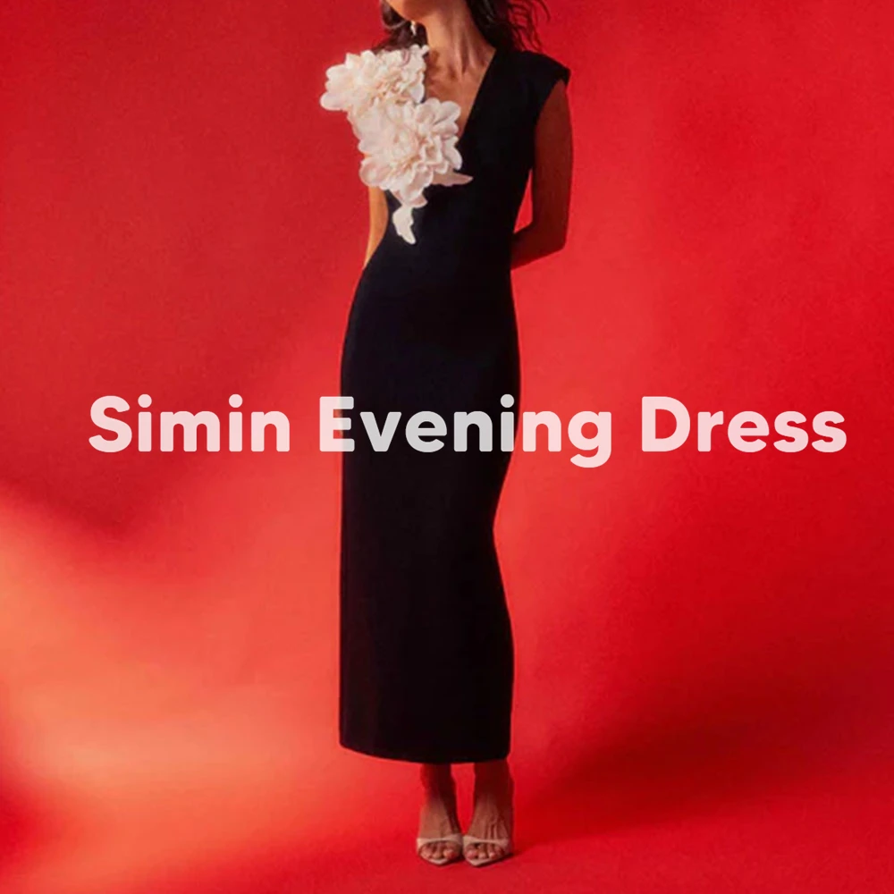 

Simin женские прямые вечерние платья с v-образным вырезом и 3D цветами в Саудовской Аравии с без рукавов до щиколотки, вечерние элегантные вечерние платья 2025