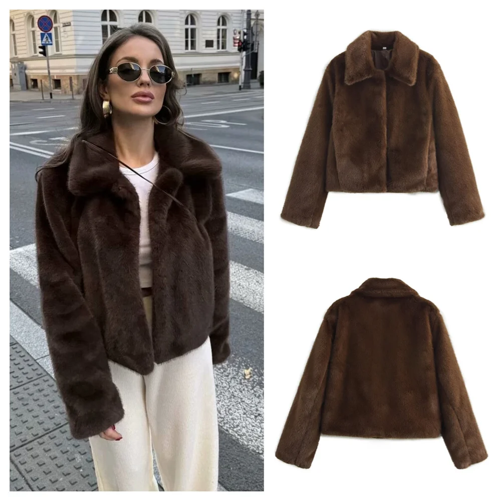 PB&ZA2024 Winter New Women's Clothing Style Versatile Collar Long Sleeve Artificial Fur Effect Short Coat