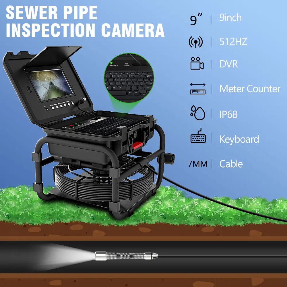 

Sewer Pipe Inspection Camera 9Inch IPS 1080P Screen 512HZ Locator Video+Audio Recording 5X Image Enlarge+Meter Counter+7MM Cable