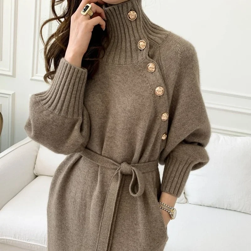 Stylish Winter Turtleneck Buttons Women Knitted Dress Elegant Full Sleeve Lace-up Female Thicken Long Sweater Dress