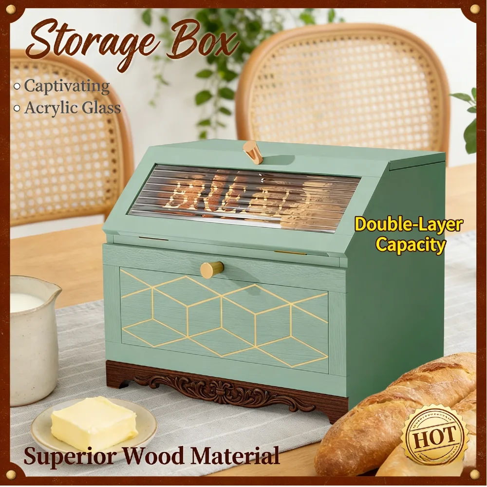 

Двухслойный вместительный деревянный контейнер для хлеба, многофункциональный ящик для хранения с акриловой стеклянной водонепроницаемой бамбуковой поверхностью для хранения хлеба