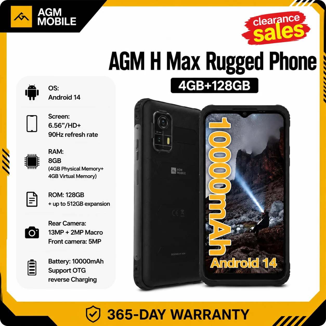 AGM H Max Rugged Phone 10000mAh IP68 Waterproof 6.56