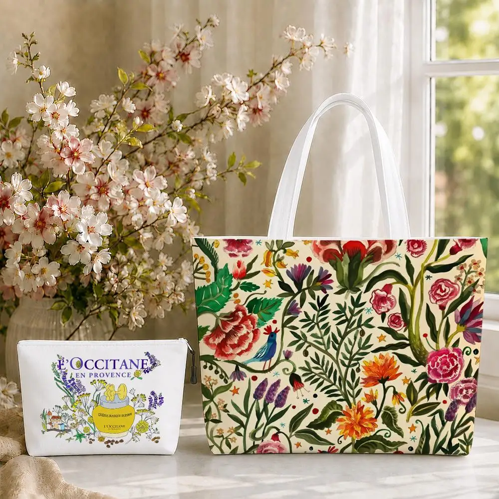 Luxury L-L'OCCITANE Storage Bags 2-Piece Set Double-Sided Print with Zipper Canvas Shopping Tote Bag Work Travel Set