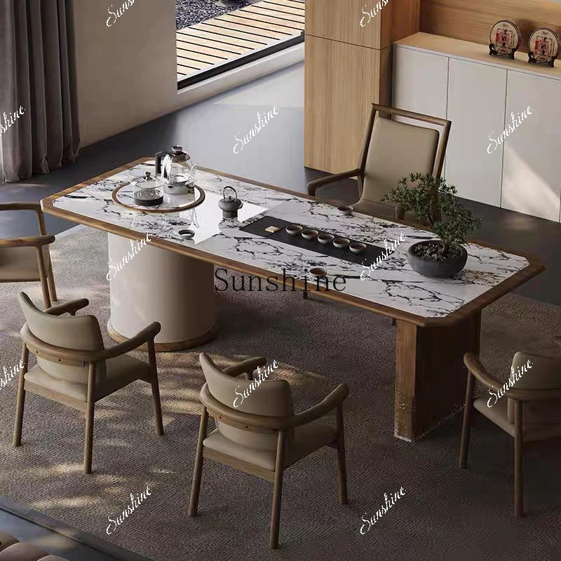 Classical Chinese style, modern simple rock slab, high-end creative design, smoked wood color tea table  FT
