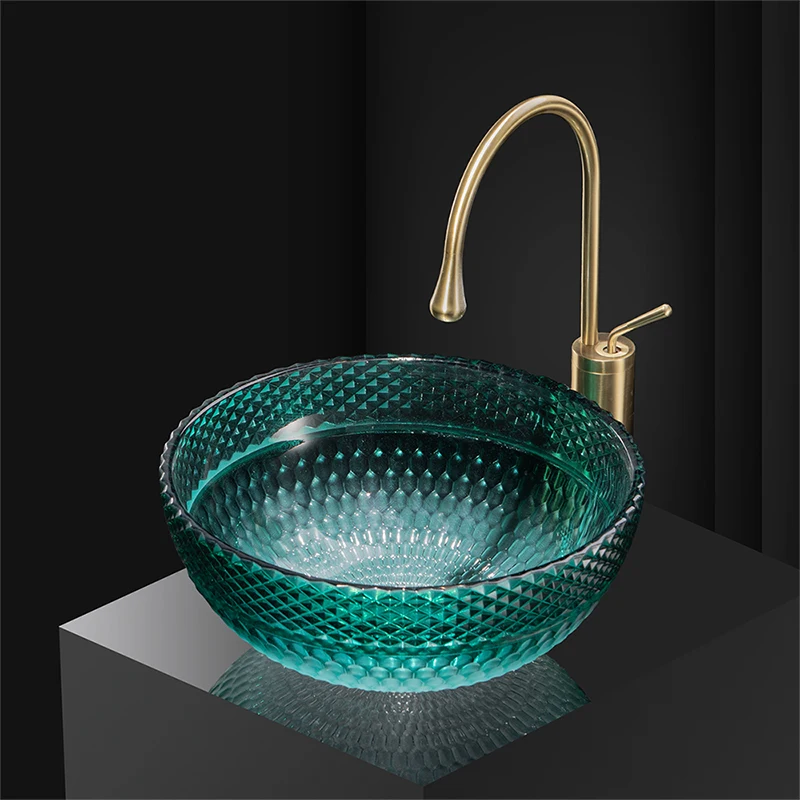 Crystal glass basin, upper basin, bathroom art, light luxury wash basin, hotel household wash basin, gradient green circular