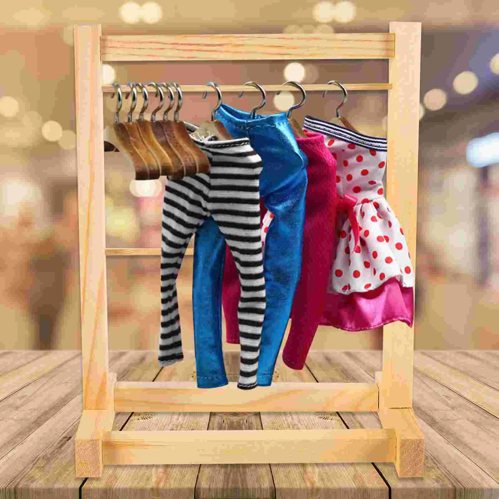 Clothes Coat Hanging Rack Kids Toy Wooden Hanger Mini Dolls Holder Pants Double-layer Garment Hangers for