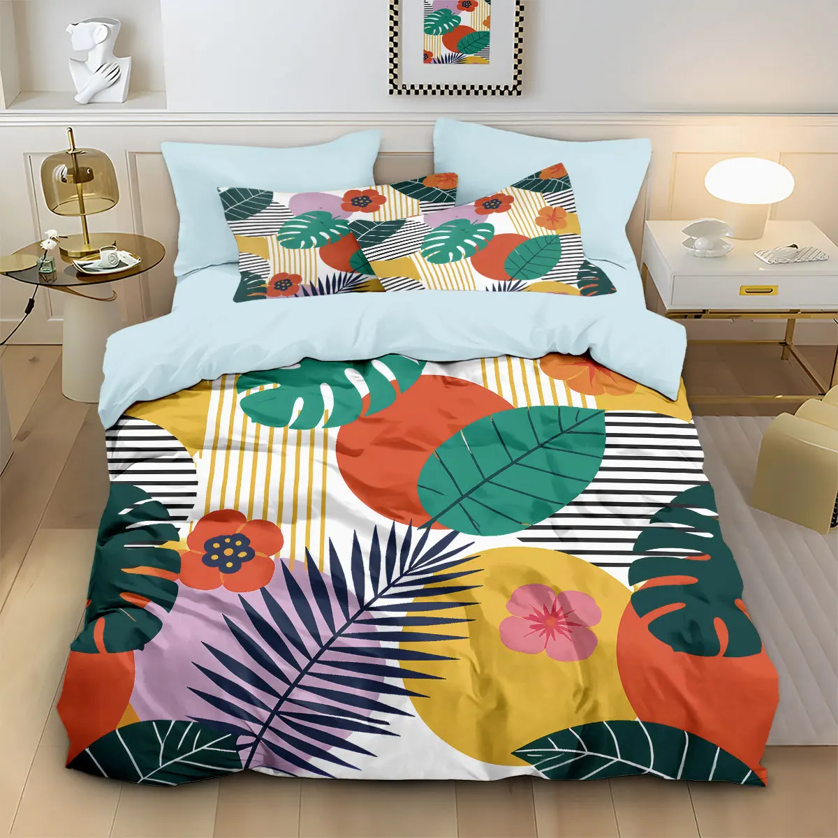 Colorful Plant Leave Print Bedding Set Brushed Duvet Cover for Bedoom Dormitory Decor, 1 Duvet Cover and 2pillowcase with Zipper