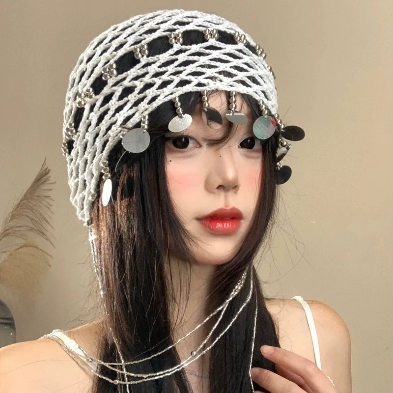 

Korean Fashion Sequins Beaded Tassels Hollowed Out Woven Pullover Hats Y2K Summer Travel Photos Versatile Thin Beaneis for Women