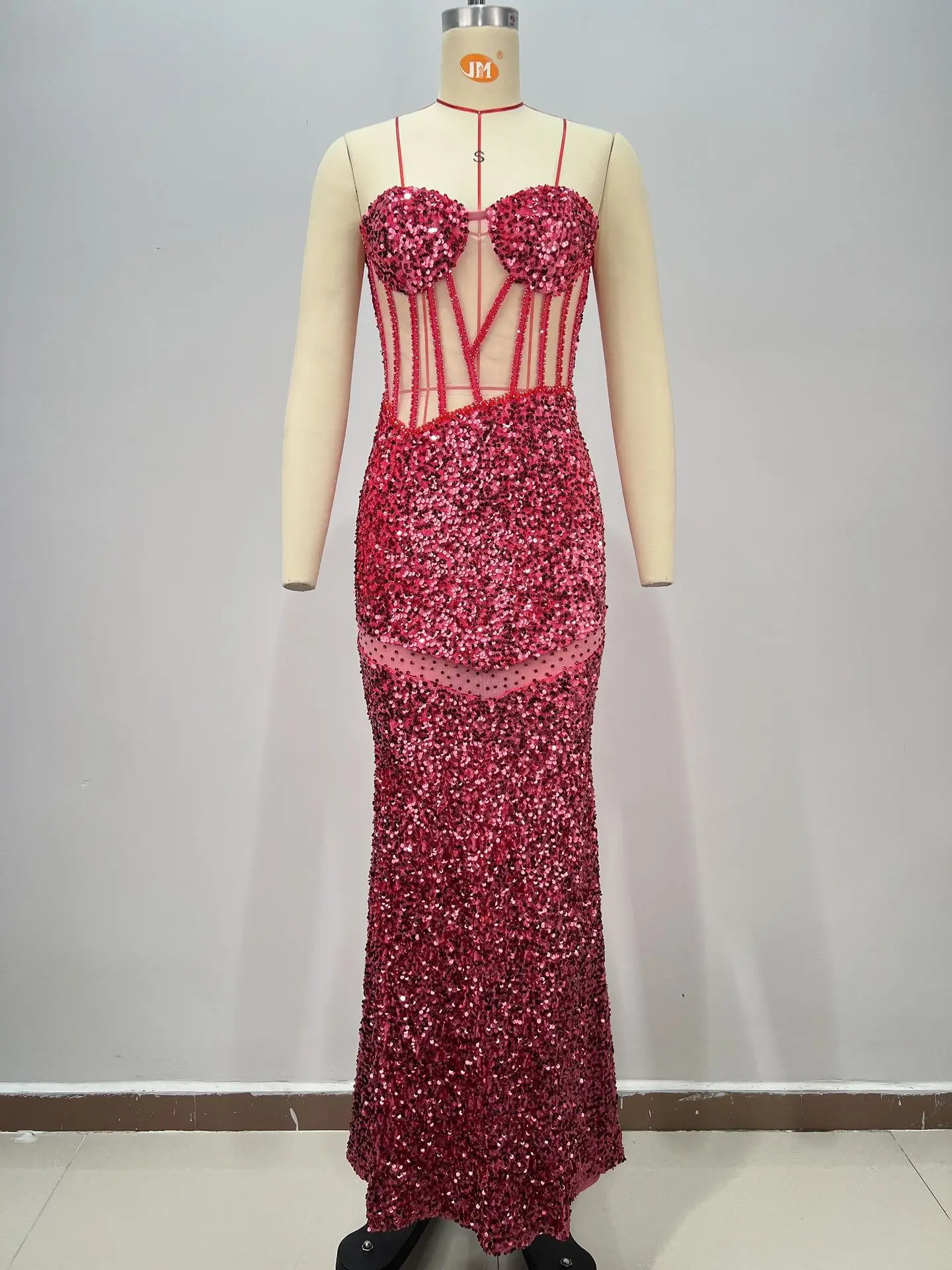 2026 Women Celebrity Sexy Strapless Sequins Patchwork Rose Red Maxi Long Dress Elegant Evening Club Party Outfit