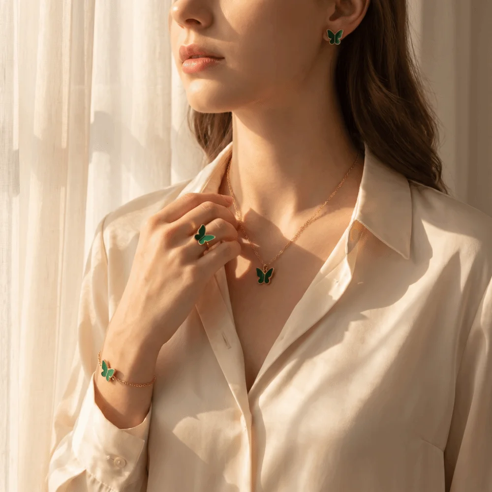 Elegance Style Butterfly Jewelry Set Minimalist Dripping Oil Heart Necklace Ring Set Creative Fashion